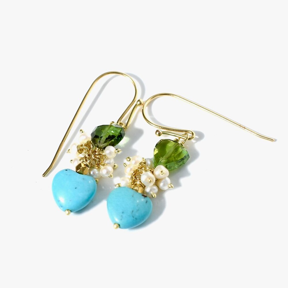 18K Solid Gold Turquoise, Green Tourmaline/Pearl Beaded Drop Dangle Earrings